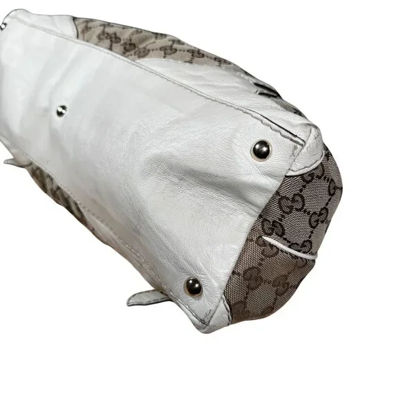 Gucci Beige/White GG Canvas and Leather Medium Horsebit Nail Dome Satchel - Picture 10 of 11